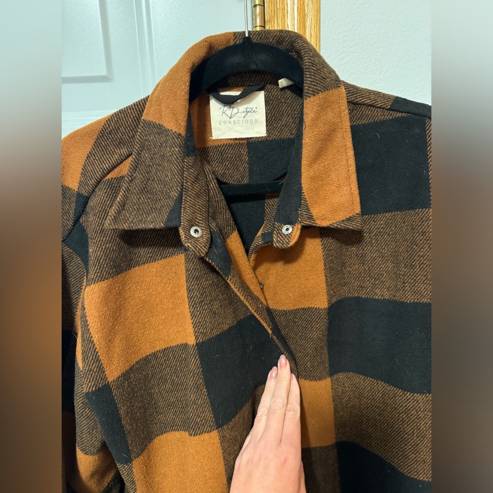 Long flannel coat. 35” from shoulder to end length. Like new